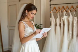 Mariée en robe de satin ivoire tenant un devis dans une boutique de mariage élégante