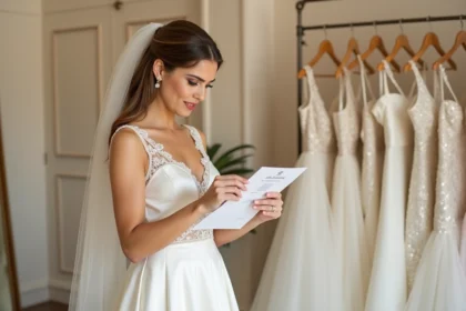Mariée en robe de satin ivoire tenant un devis dans une boutique de mariage élégante