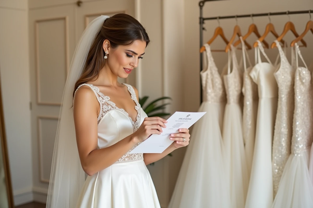 Mariée en robe de satin ivoire tenant un devis dans une boutique de mariage élégante