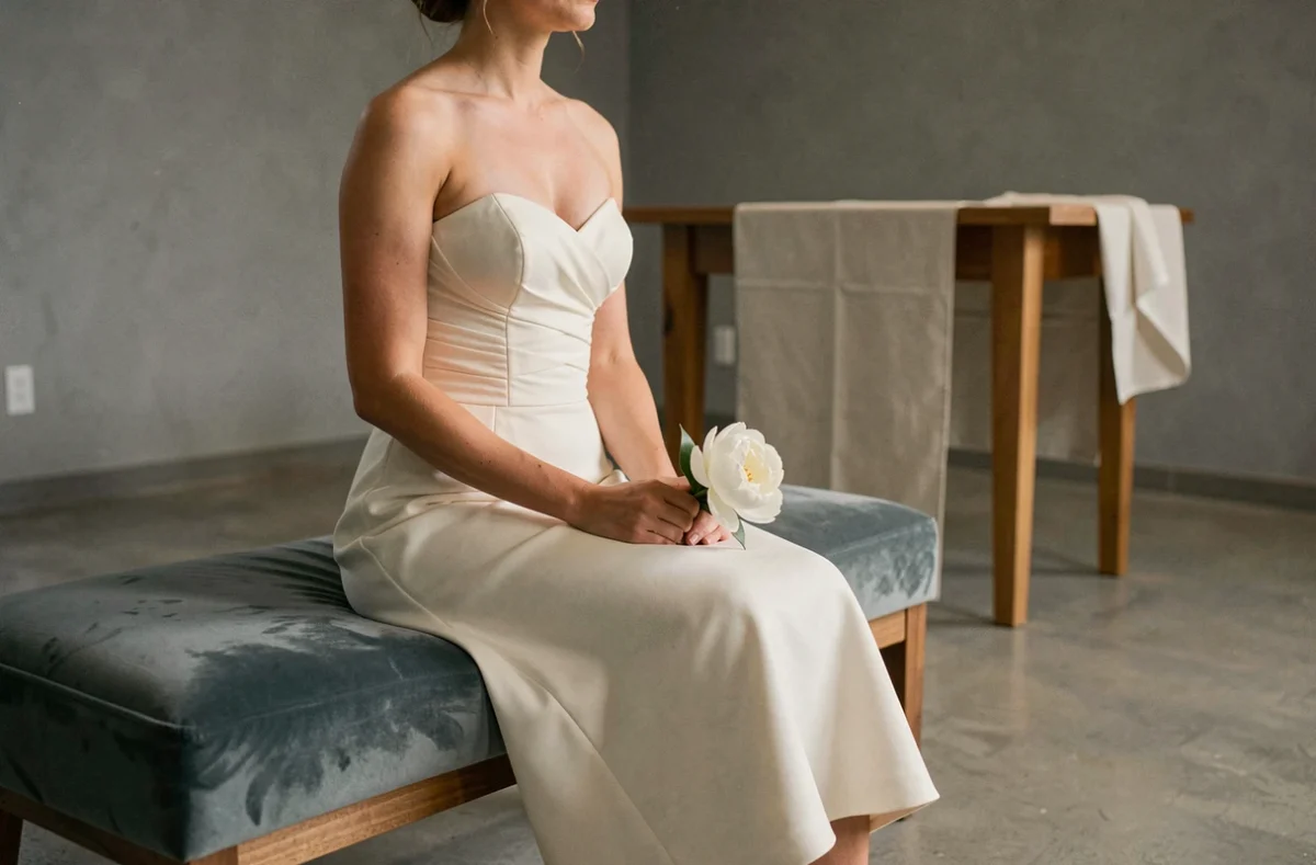 Mariée assise en robe bustier mi-longue élégante dans une salle de cérémonie civile moderne et épurée