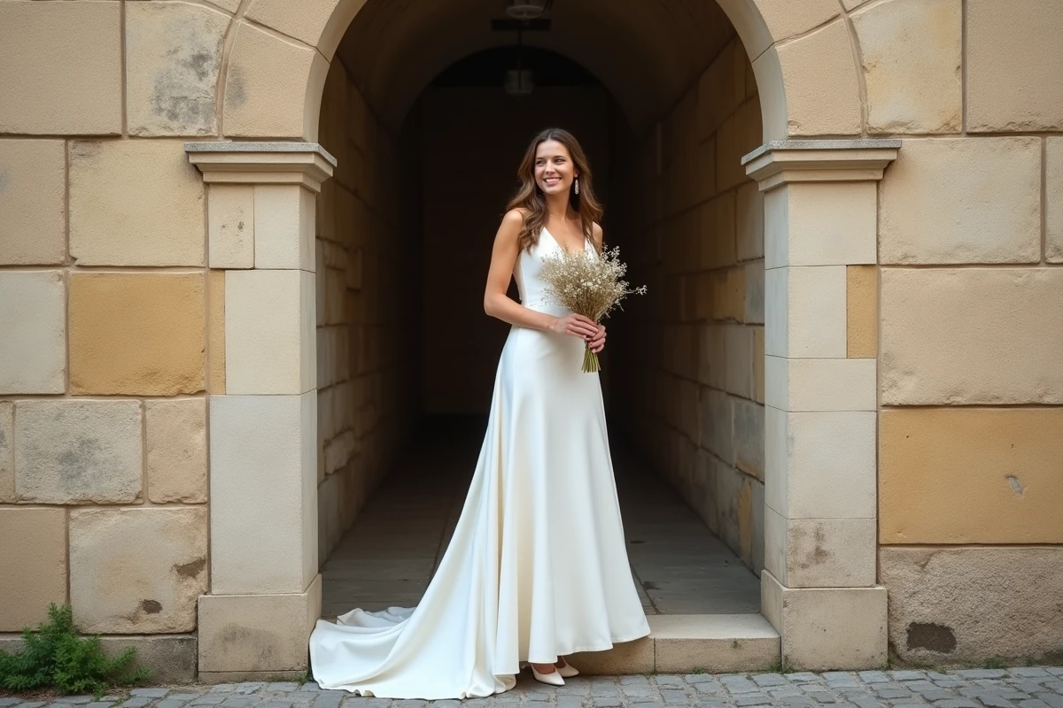 Future mariée en robe blanche simple posant dans un traboule lyonnais au charme historique