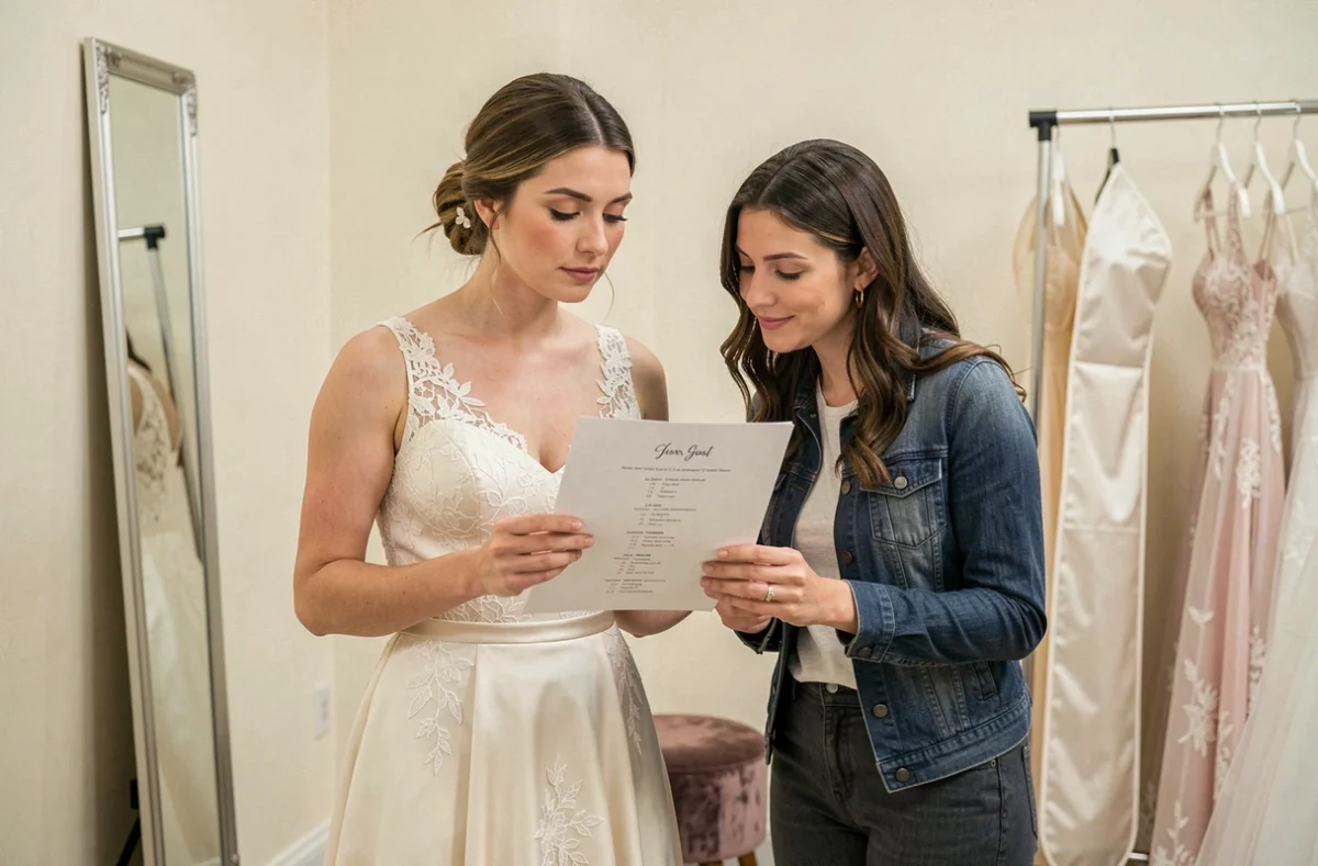 Future mariée et témoin examinant une liste d'invités dans une boutique de robes de mariée