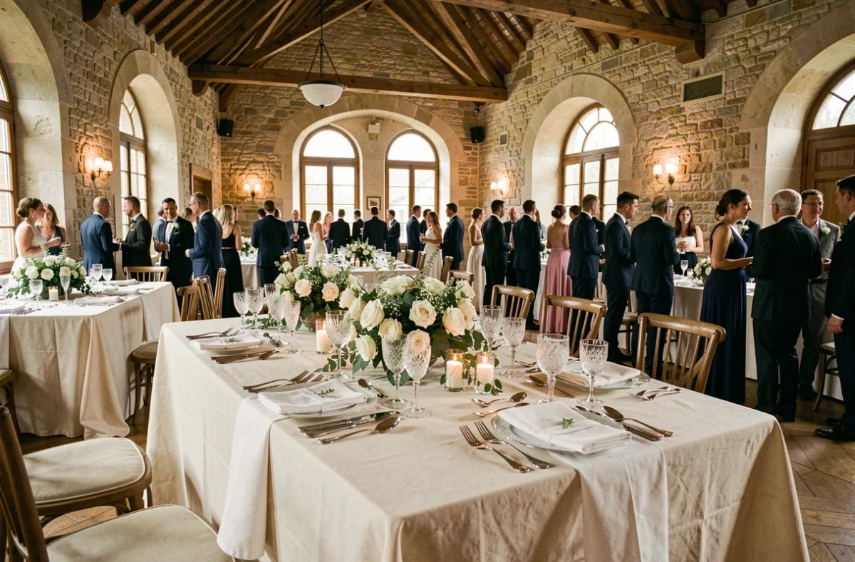 Vue panoramique d'une salle de réception de mariage élégante dans le Nord de la France avec tables dressées et décoration florale