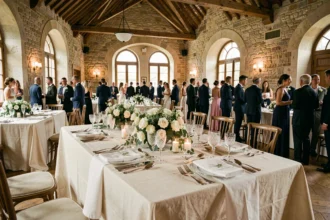 Vue panoramique d'une salle de réception de mariage élégante dans le Nord de la France avec tables dressées et décoration florale