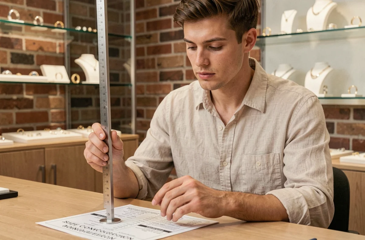 Homme consultant un guide d'équivalence de taille de bague avec un mandrin gradué dans un atelier de bijouterie