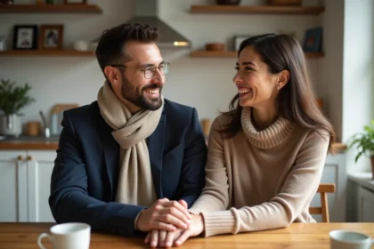 Homme en blazer bleu partage un rire avec une femme à la maison