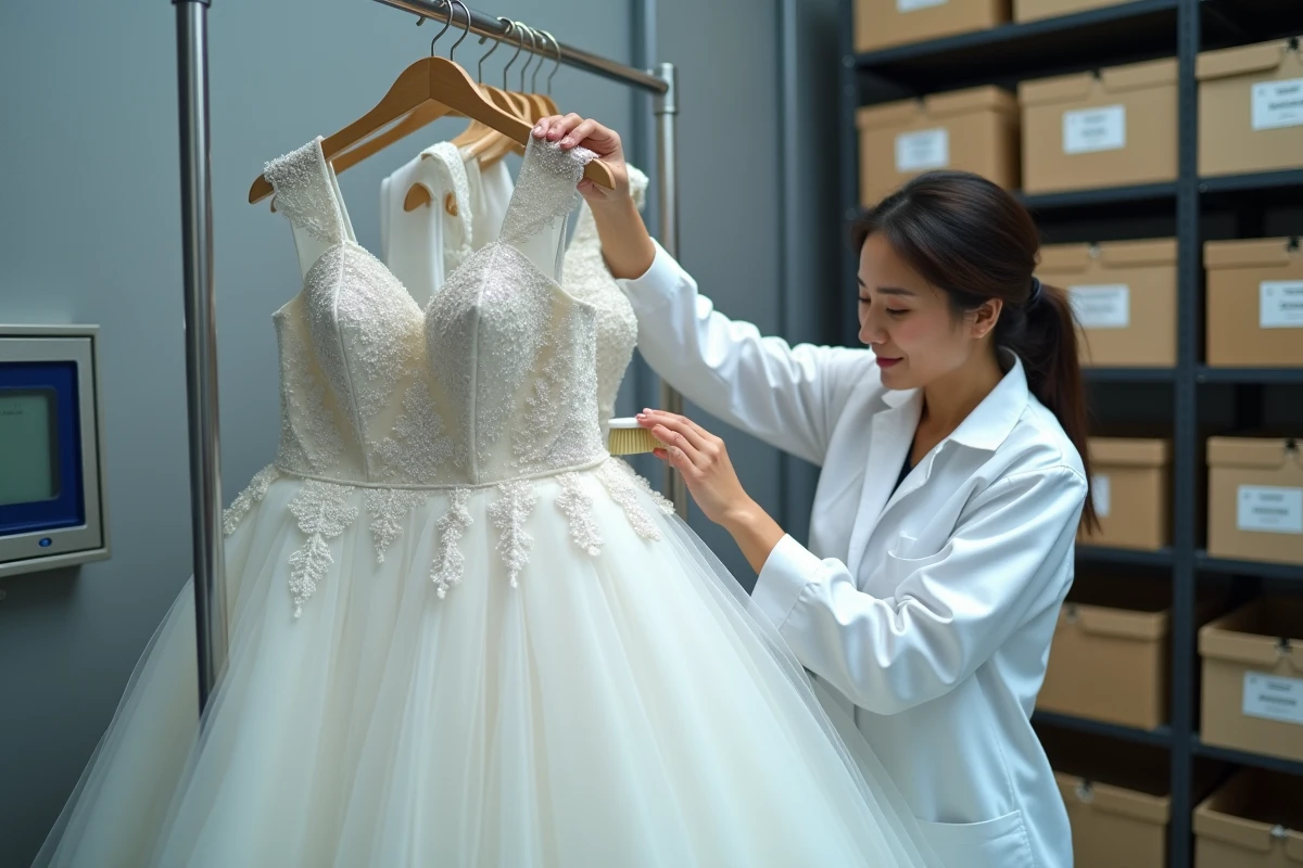Technicienne en blanchisserie professionnelle brossant délicatement les paillettes d'une robe de mariée princesse suspendue sur un rail de nettoyage