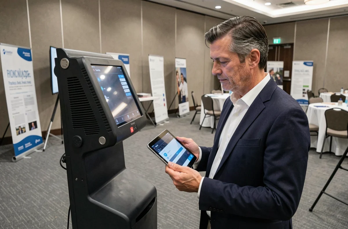 Organisateur d'événement consultant les paramètres d'un photobooth professionnel dans une salle de conférence
