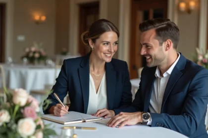 Organisatrice de mariage en costume navy avec couple souriant