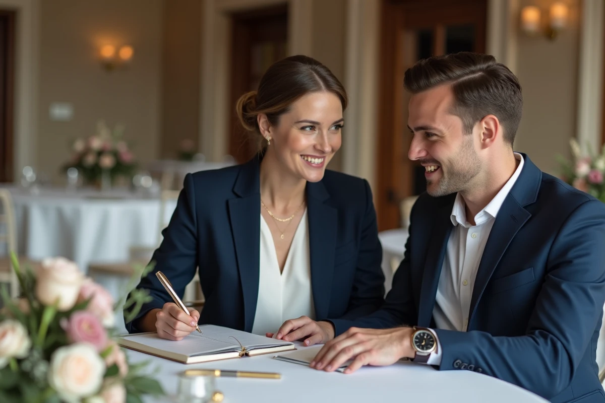 Organisatrice de mariage en costume navy avec couple souriant