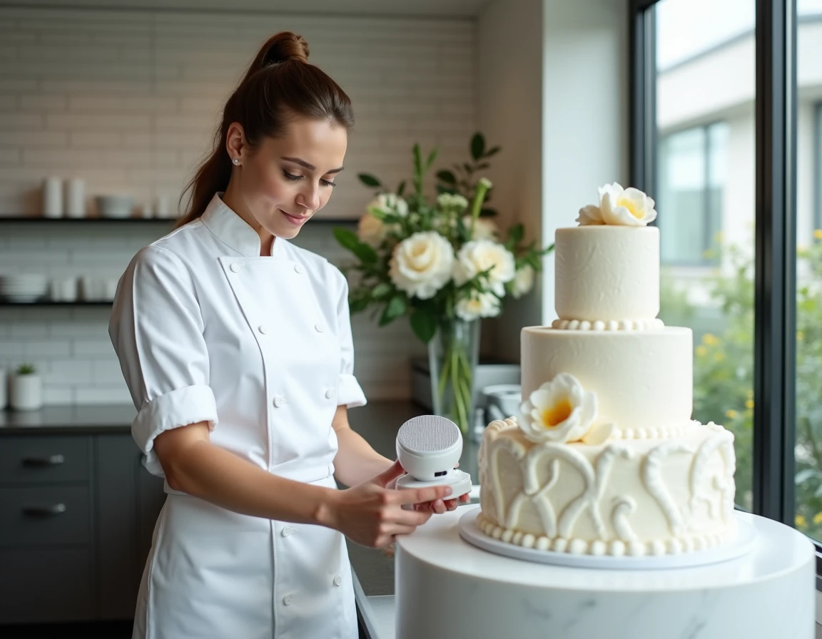 Cheffe pâtissière préparant un gâteau de mariage design dans un espace événementiel contemporain