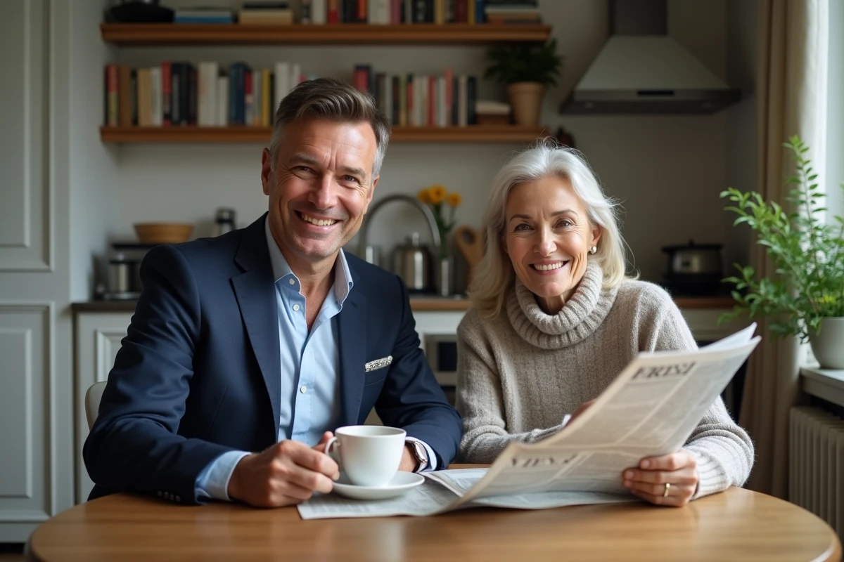 Couple souriant partageant un café dans un appartement parisien
