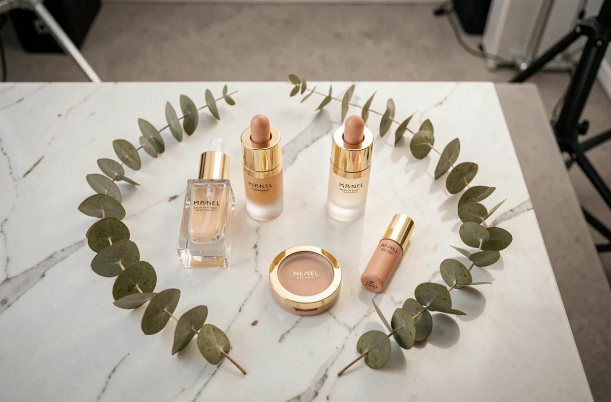 Mise en scène professionnelle de produits cosmétiques haut de gamme en flat-lay sur marbre blanc pour photographie commerciale
