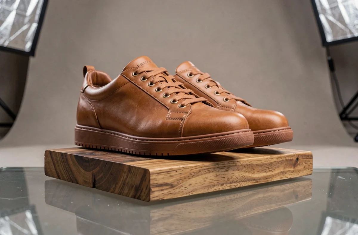 Paire de sneakers en cuir premium mise en valeur sur un piédestal en chêne lors d'une séance photo produit professionnelle