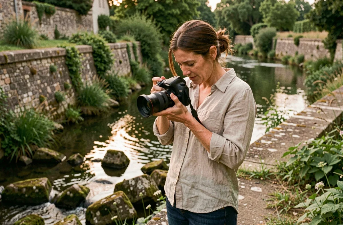 Photographe professionnelle ajustant son appareil photo au bord de la Sèvre Nantaise à Vertou
