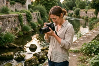 Photographe professionnelle ajustant son appareil photo au bord de la Sèvre Nantaise à Vertou