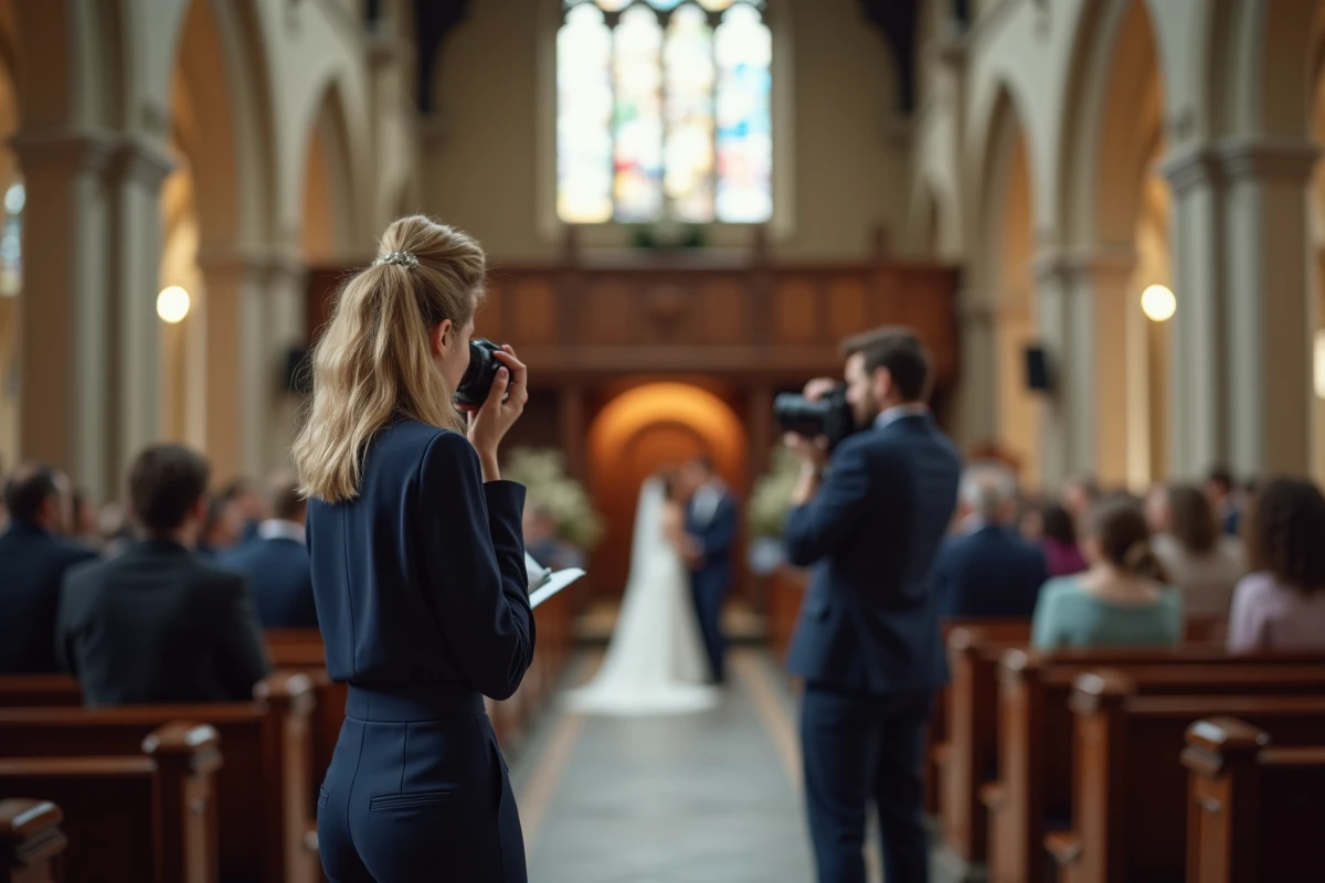 Photographe professionnelle en action lors d'une cérémonie de mariage en église