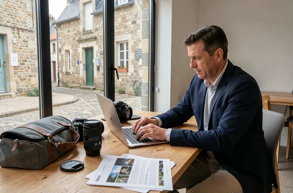 Photographe consultant son portfolio en espace de travail moderne à Vertou