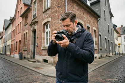 Photographe professionnel ajustant son appareil photo devant un bâtiment en briques à Forbach en Lorraine