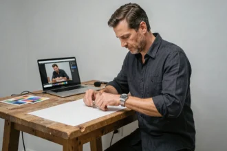 Photographe professionnel arrangeant une montre de luxe sur un fond blanc en studio pour une séance photo produit