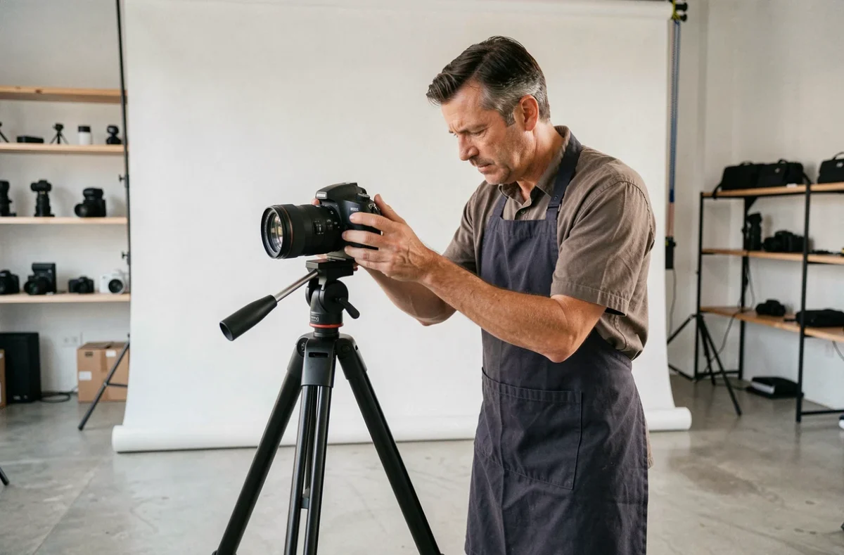 Photographe professionnel en studio ajustant son appareil photo sur trépied pour des photos d'identité