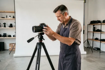 Photographe professionnel en studio ajustant son appareil photo sur trépied pour des photos d'identité