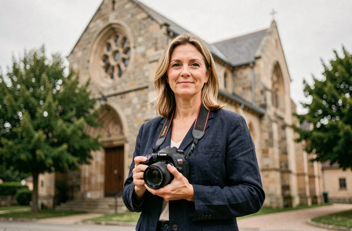 Photographe professionnelle à Saint-Genis-Laval devant l'église historique de la ville