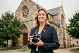 Photographe professionnelle à Saint-Genis-Laval devant l'église historique de la ville