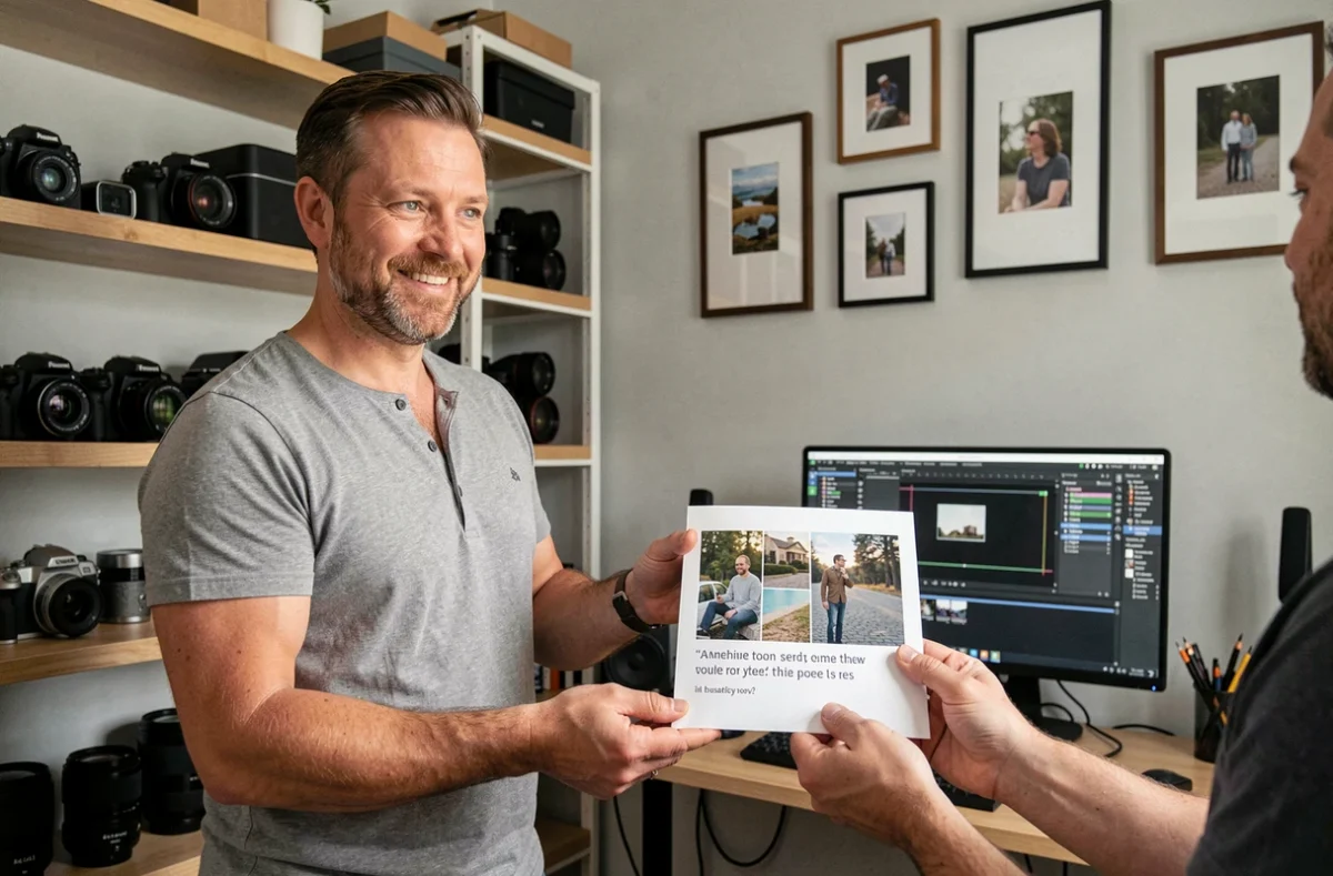 Photographe remettant un devis détaillé à un client depuis son bureau à domicile