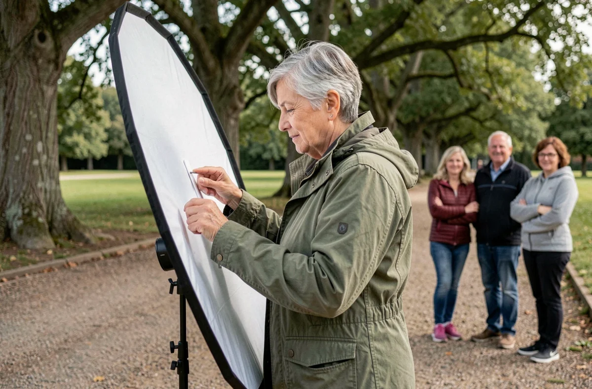 Photographe préparant une séance portrait en famille dans un parc à Vertou