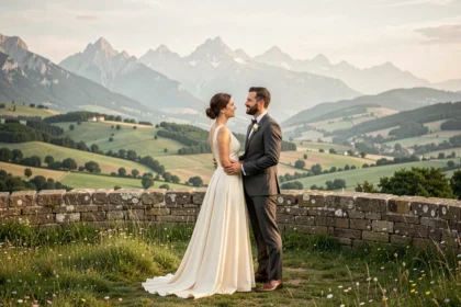 Couple de mariés photographié dans un paysage typique d'Auvergne-Rhône-Alpes avec montagnes et prairies en arrière-plan