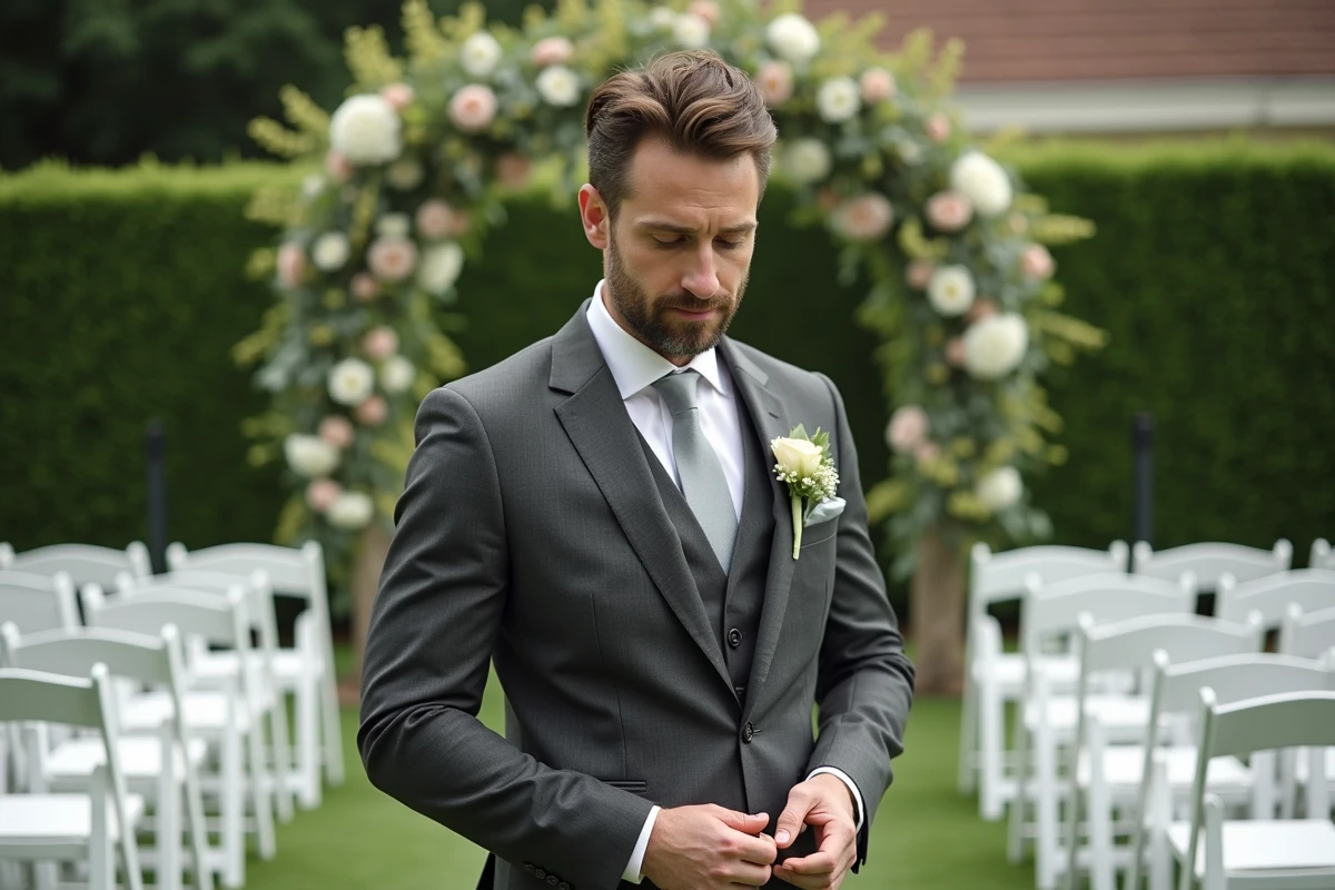 Planificateur de mariage ajustant une decoration florale en extérieur