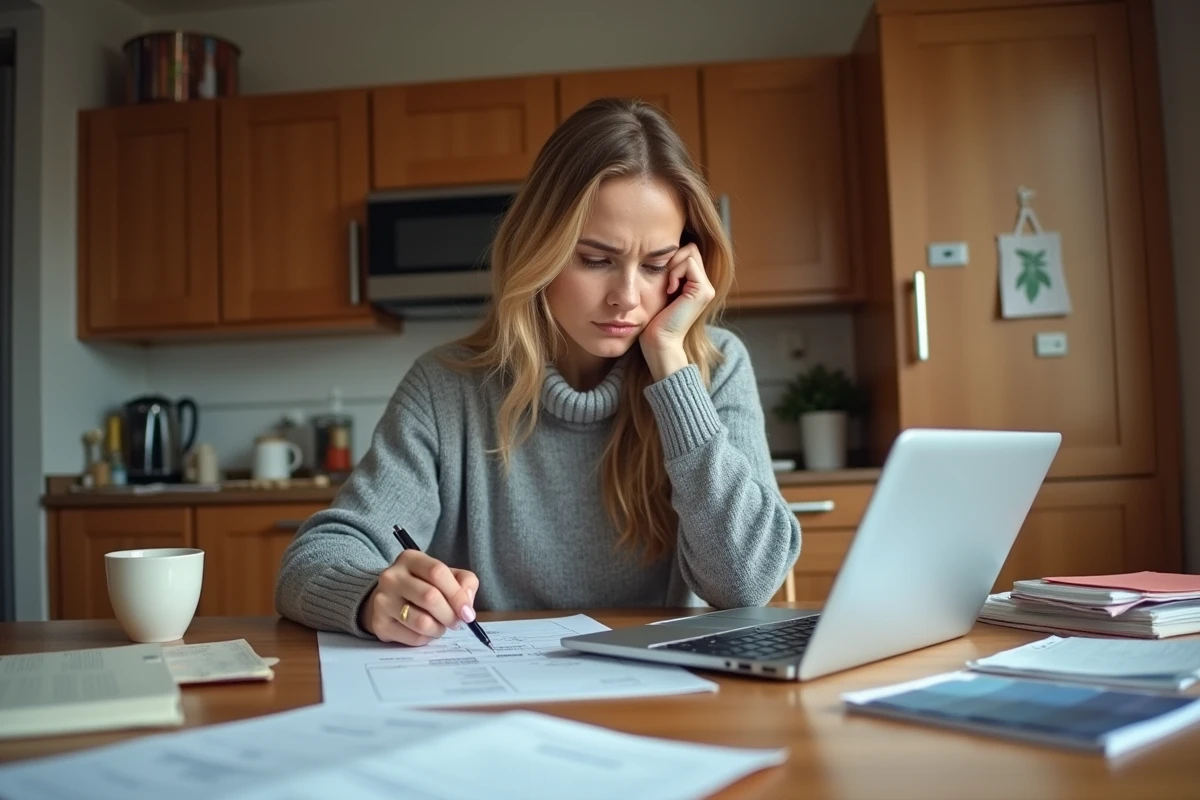 Femme planifiant son budget robe de mariée à la maison avec des tissus et un tableur