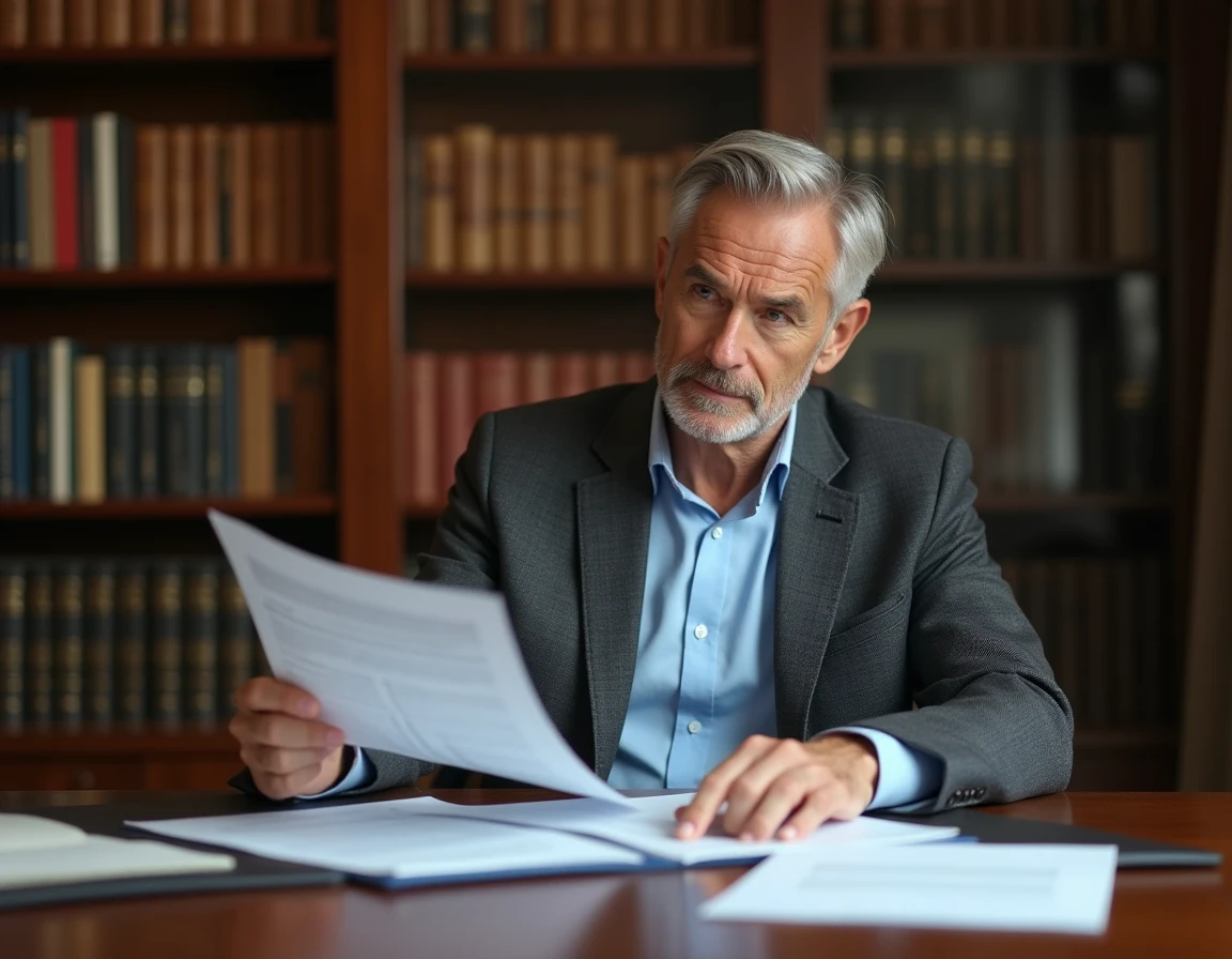 Homme intellectuel dans une bibliothèque privée, portrait éditorial en intérieur avec livres et bureau en bois