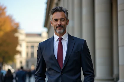 Homme en costume sombre devant un bâtiment institutionnel, style portrait éditorial journalistique