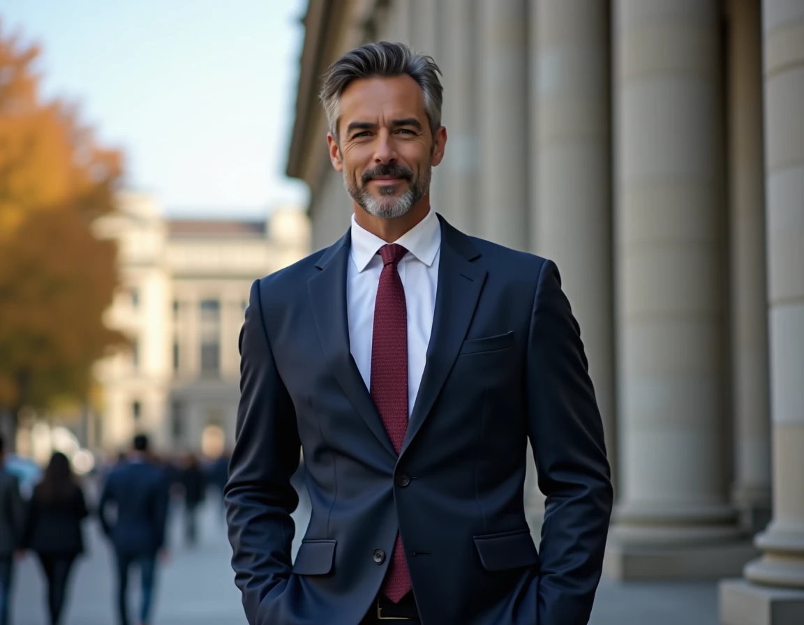 Homme en costume sombre devant un bâtiment institutionnel, style portrait éditorial journalistique