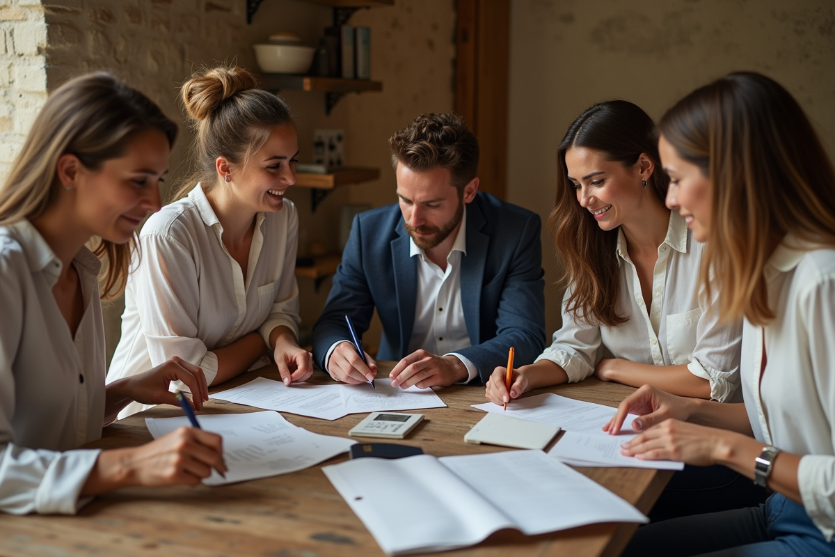 Préparatifs de mariage avec documents et invités
