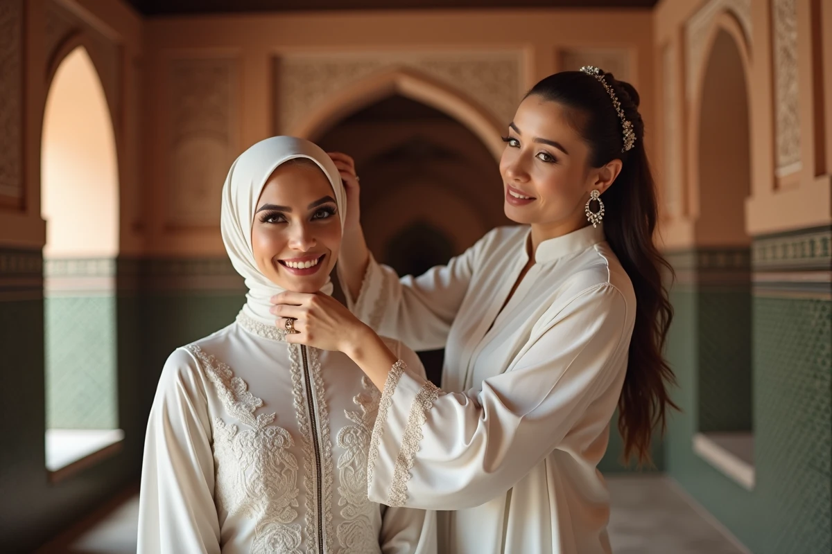 Styliste coiffant une mariée voilée avec tresse en épi sur hijab ivoire dans un intérieur marocain orné, séance préparation mariage