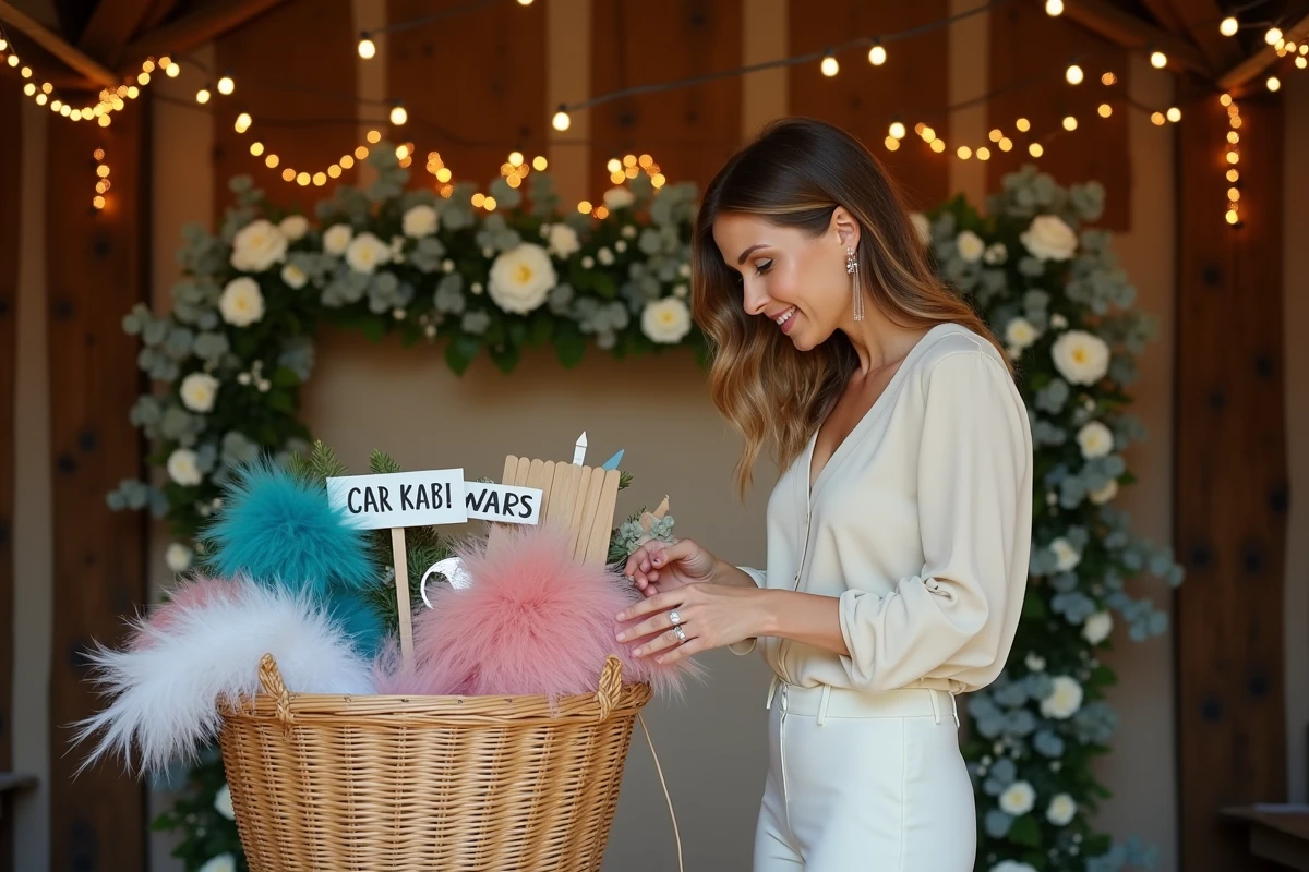 Préparation d'un photobooth de mariage avec accessoires colorés dans une grange décorée de fleurs et de guirlandes lumineuses