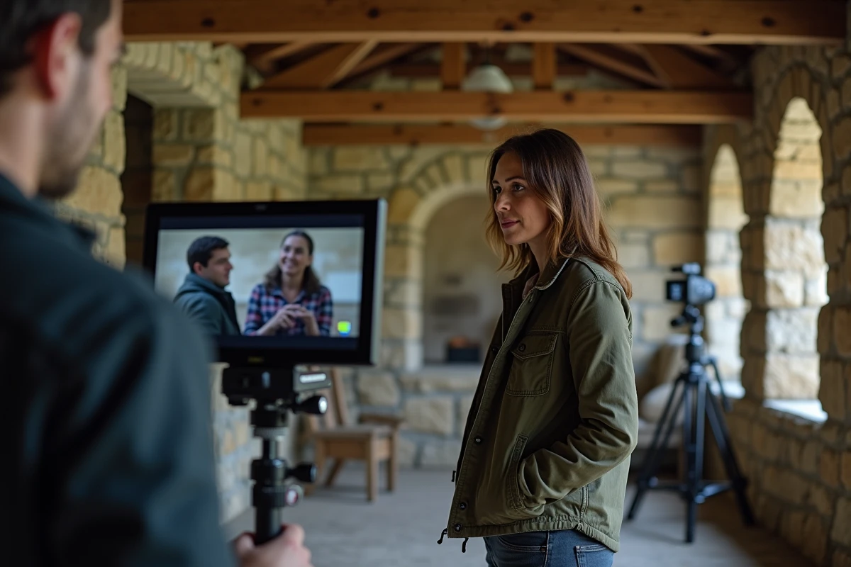 Présentatrice de télévision consultant un moniteur de tournage dans un décor rural authentique en France