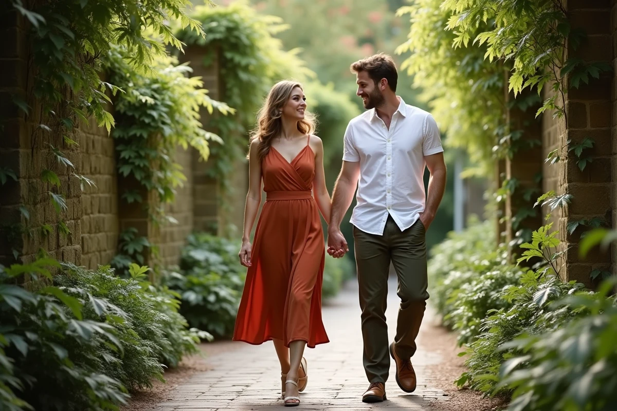 Couple se promenant main dans la main dans un jardin botanique pour célébrer leurs deux ans de mariage