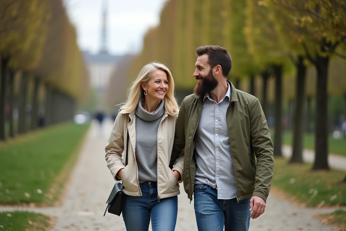 Femme et homme marchant dans un parc parisien en été