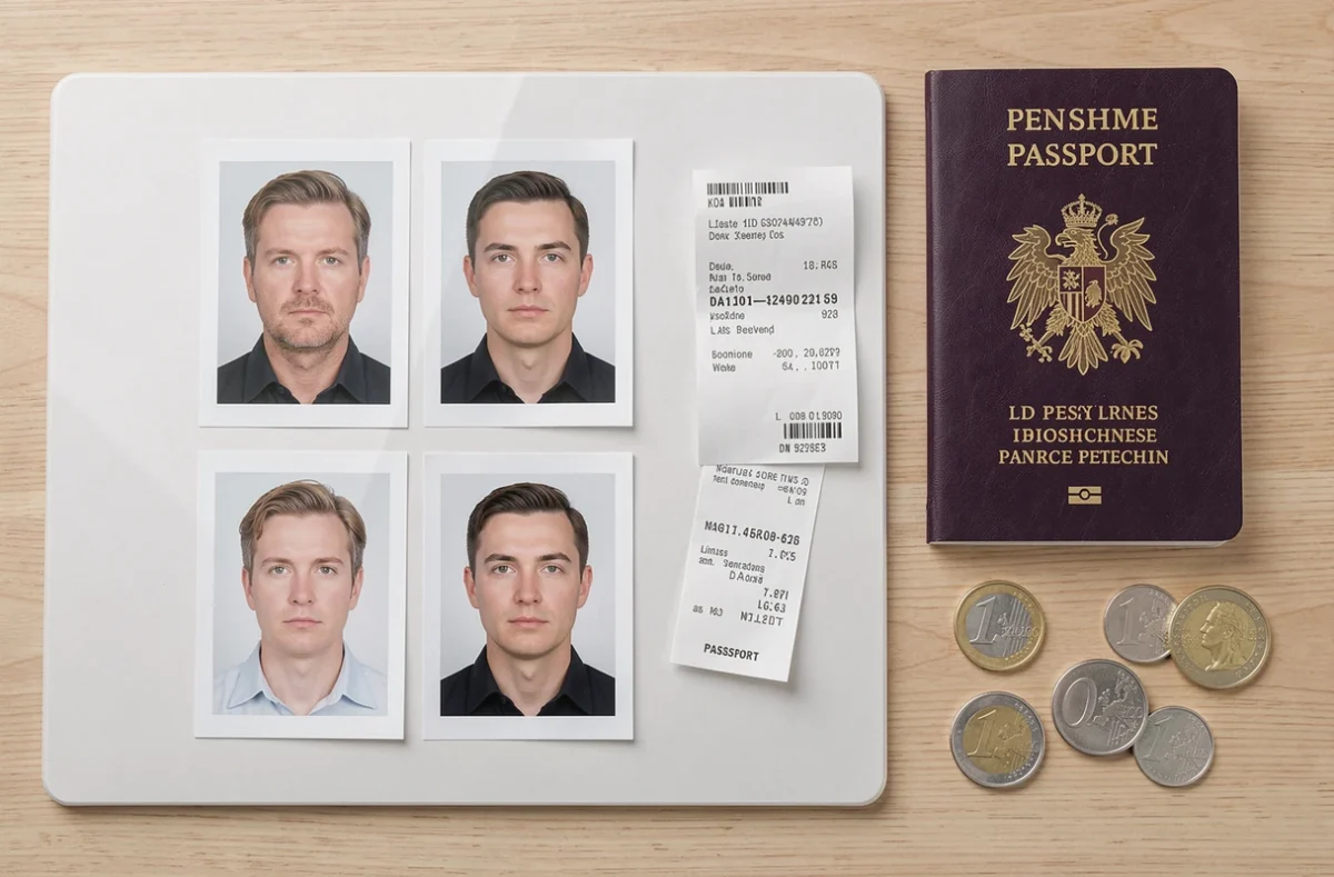 Quatre photos d'identité imprimées posées sur un bureau avec un passeport français et des pièces en euros