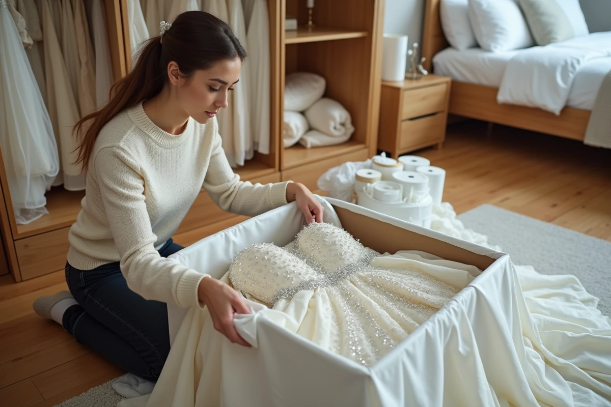 Jeune femme rangeant soigneusement une robe de mariée princesse à strass dans une boîte de conservation avec du papier de soie sans acide