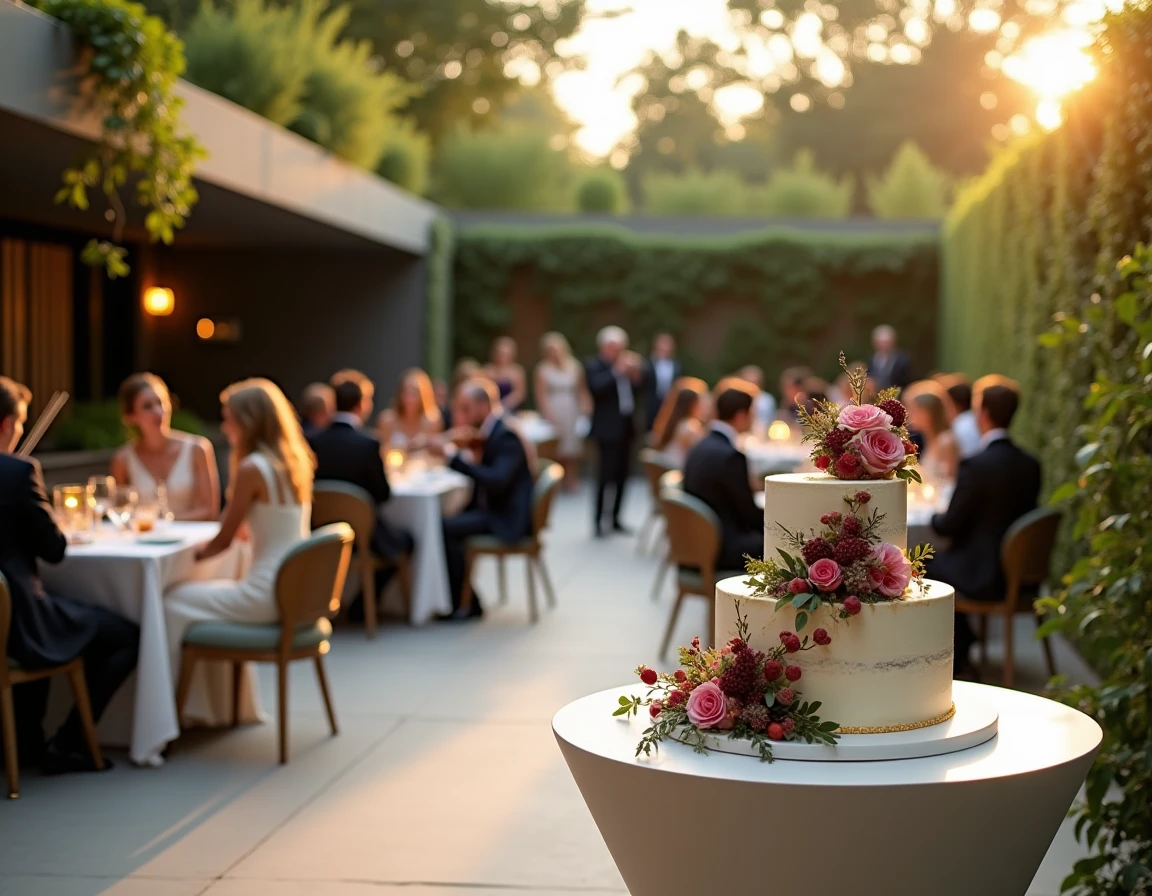 Réception de mariage chic en plein air avec gâteau naked cake fleuri et quatuor à cordes en arrière-plan