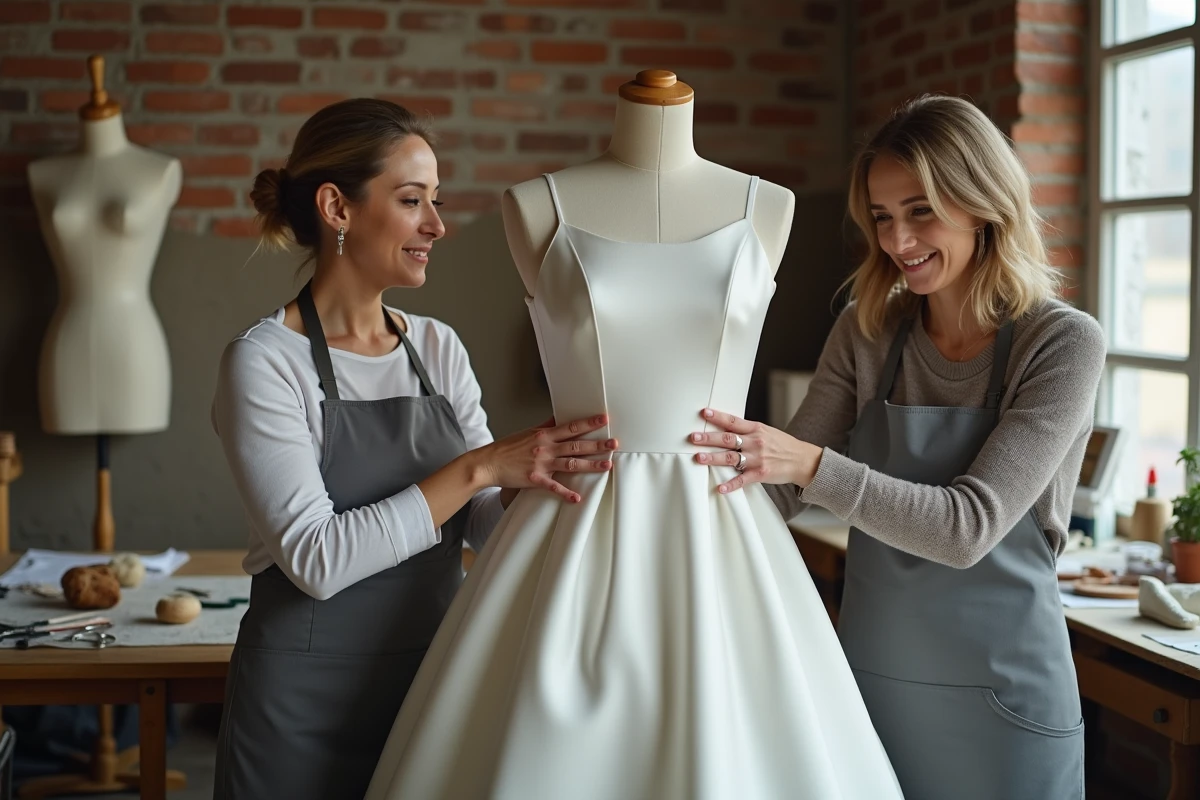 Couturière réalisant des retouches sur une robe de mariée dans un atelier, coût des modifications de robe