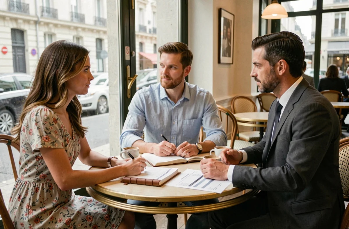 Couple discutant du budget de leur mariage avec un wedding planner dans un café parisien lors d'une réunion de planification