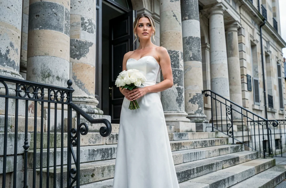 Femme en robe bustier blanche minimaliste devant les marches d'une mairie française le jour de son mariage civil