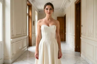 Mariée en robe bustier ivoire simple et élégante dans le couloir d'une mairie parisienne pour un mariage civil