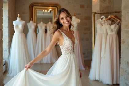 Femme souriante en robe de mariée moderne dans une boutique à Bordeaux